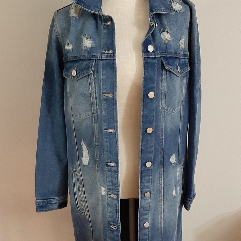 Long Denim Jacket "NWT" Size Medium with stressing